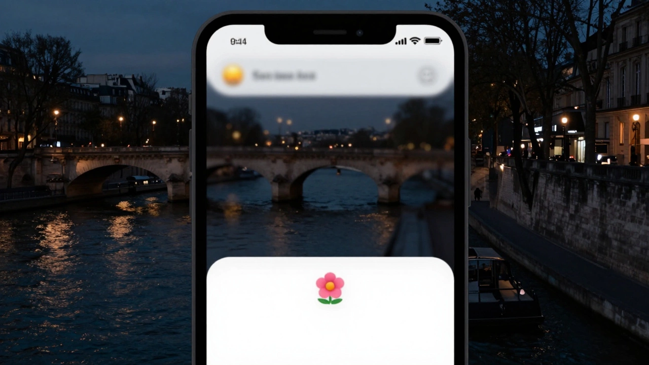 A smartphone reflection in a dark window showing a flower emoji in a hidden message thread.